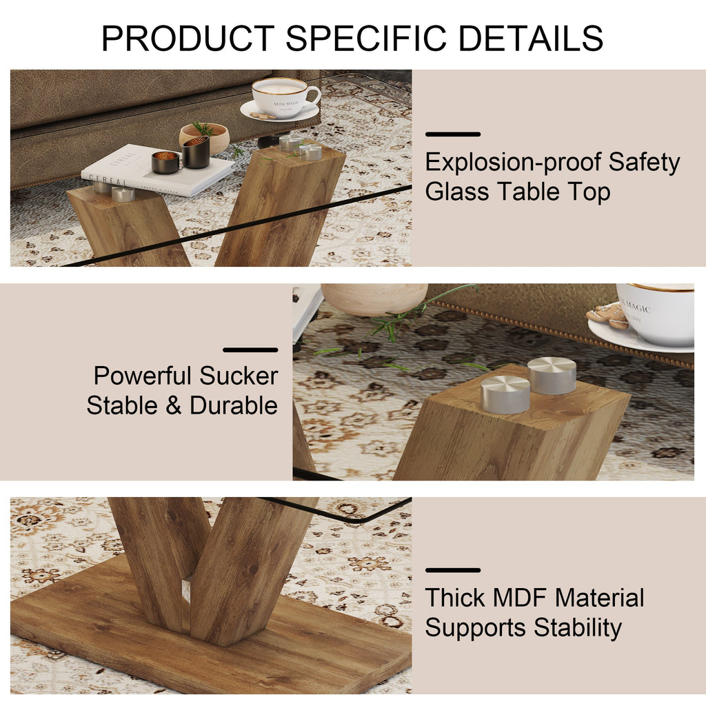 A modern minimalist style coffee table. Transparent tempered glass tabletop with wooden MDF columns. Suitable for living room and dining room.  CT-V