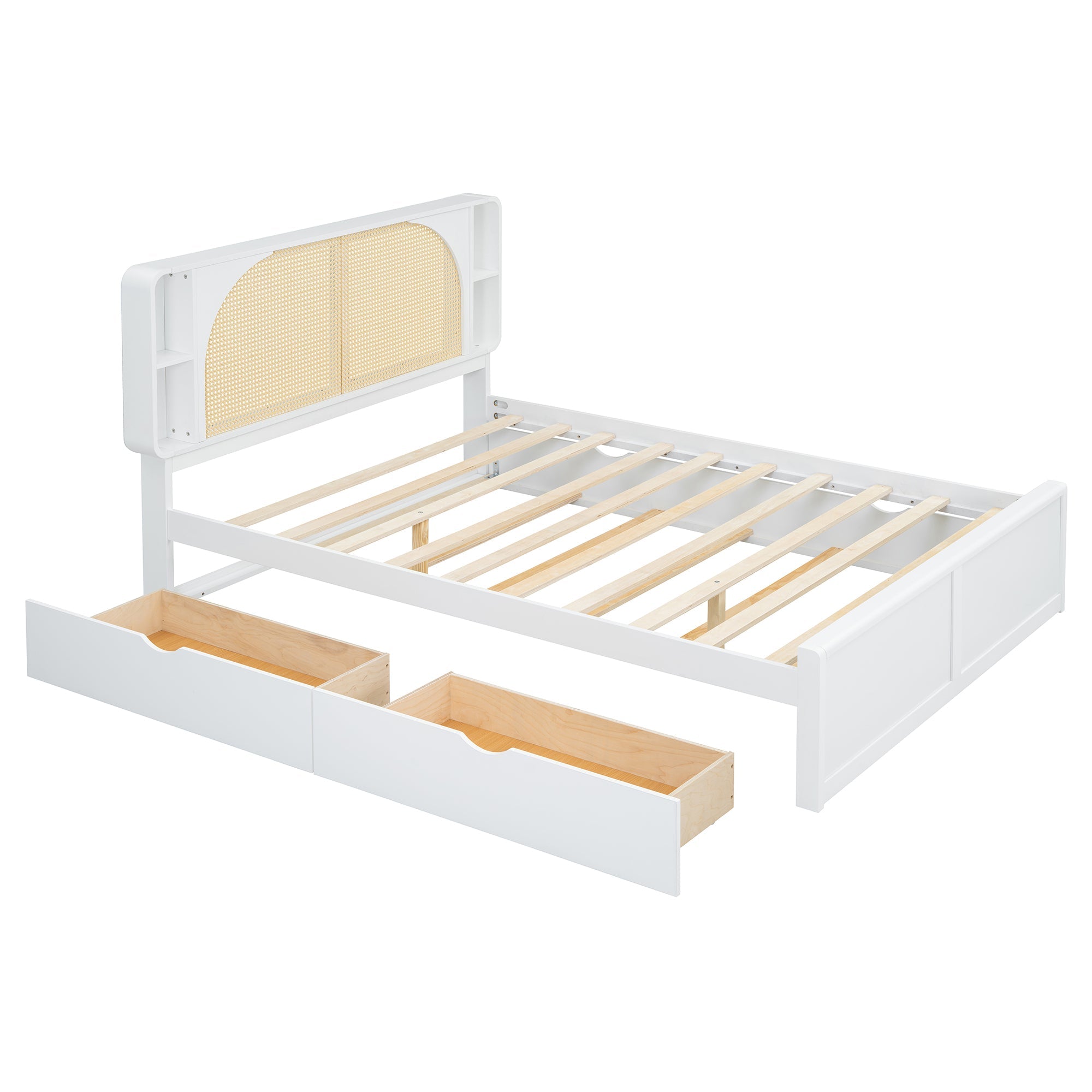 Queen Size Rattan Headboard Bed with Two Drawers and Trundle, White