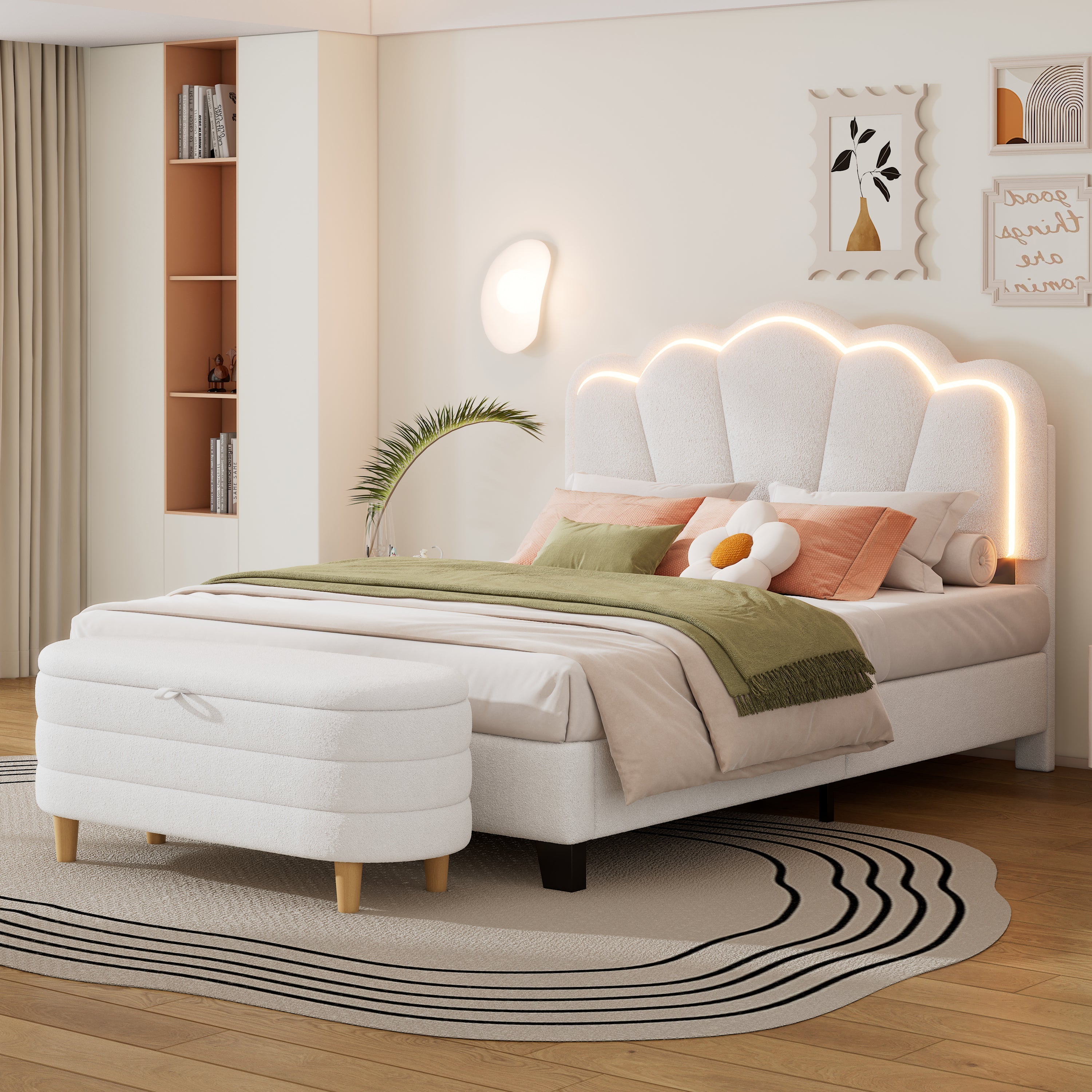 2-Pieces Bedroom Sets Full Size Flower-Shaped Upholstered LED Platform Bed with Storage Ottoman-Sherpa Fabric, White