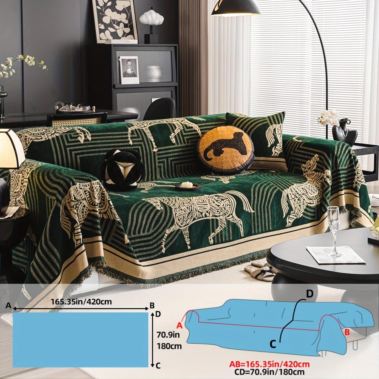 Luxurious Chenille Horse Design Sofa Cover Decor in Orange & Green
