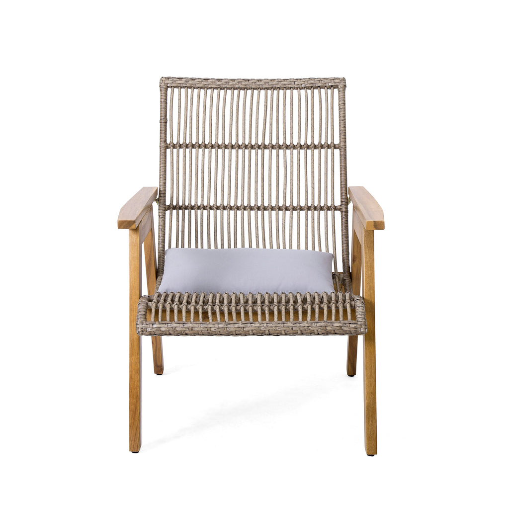Outdoor Acacia Wood 3-Piece Lounge Set: 2 Cape Woven Wicker Lounge Chairs with Pillows + 18' Solid Side Table for Patio, Deck, Yard, Lawn, and Garden (Teak Finish + Natural Wicker + Light Grey Fabric