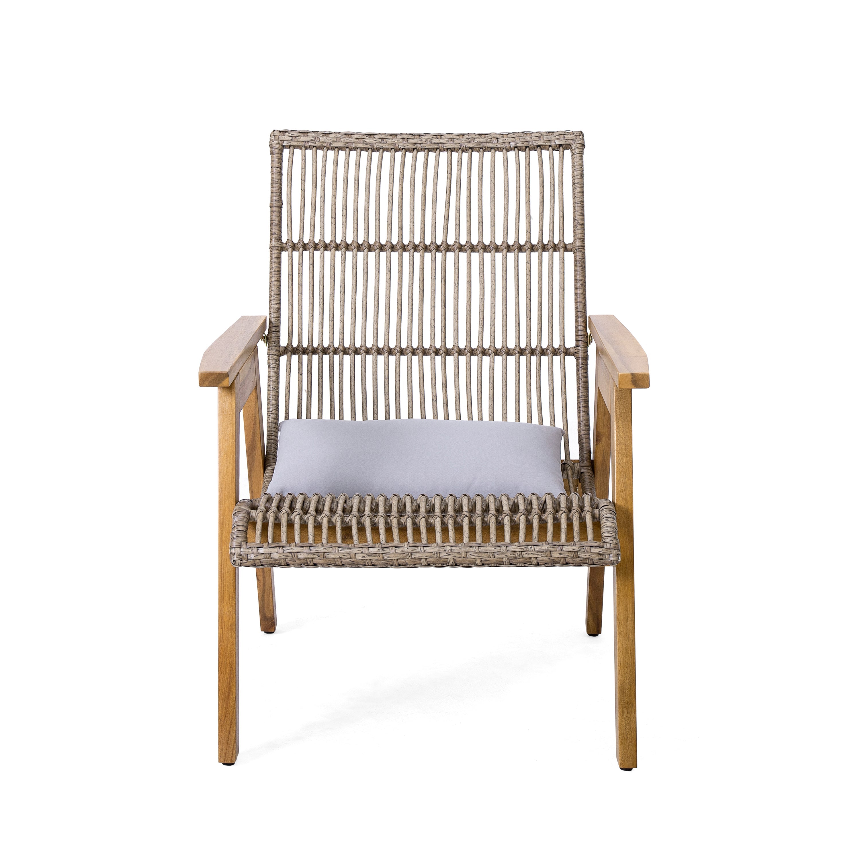 Outdoor Acacia Wood 3-Piece Lounge Set: 2 Cape Woven Wicker Lounge Chairs with Pillows + 18' Solid Side Table for Patio, Deck, Yard, Lawn, and Garden (Teak Finish + Natural Wicker + Light Grey Fabric