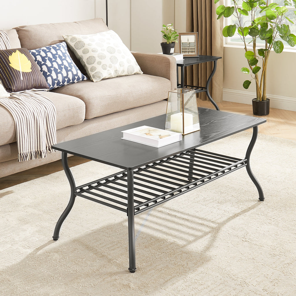 Modern Style 3-Piece Coffee Table Set Rectangle Coffee Table with 2 Square End Side Table Retro Design Coffee Table with Sturdy Base for Living Room Decor (Black)