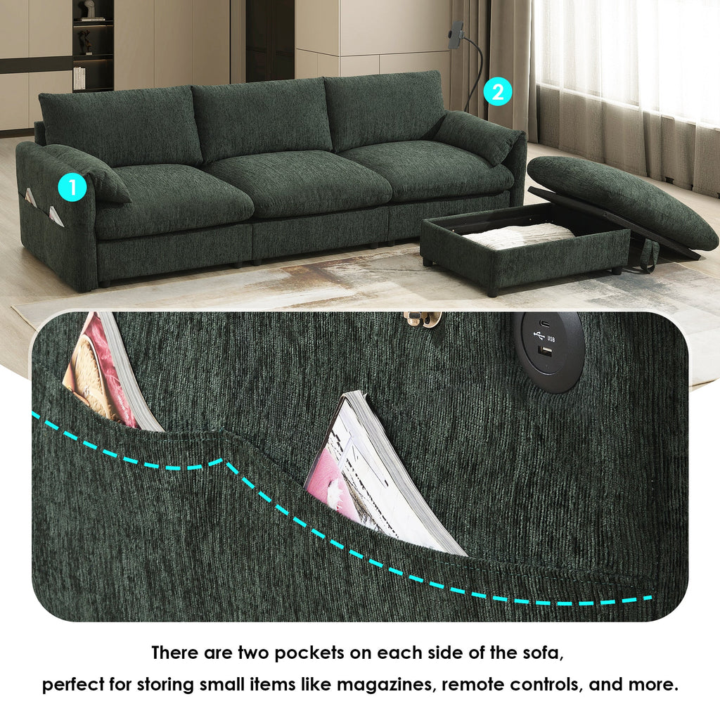 96.5'' Chenille Sectional Sofa with Storage Ottoman and Pockets,Adjustable Phone Holder,Wide Seat,4 Seat L Shaped Couch Set,Comfy Sofa with USB Charger for Living Room,Apartment,3 Colors