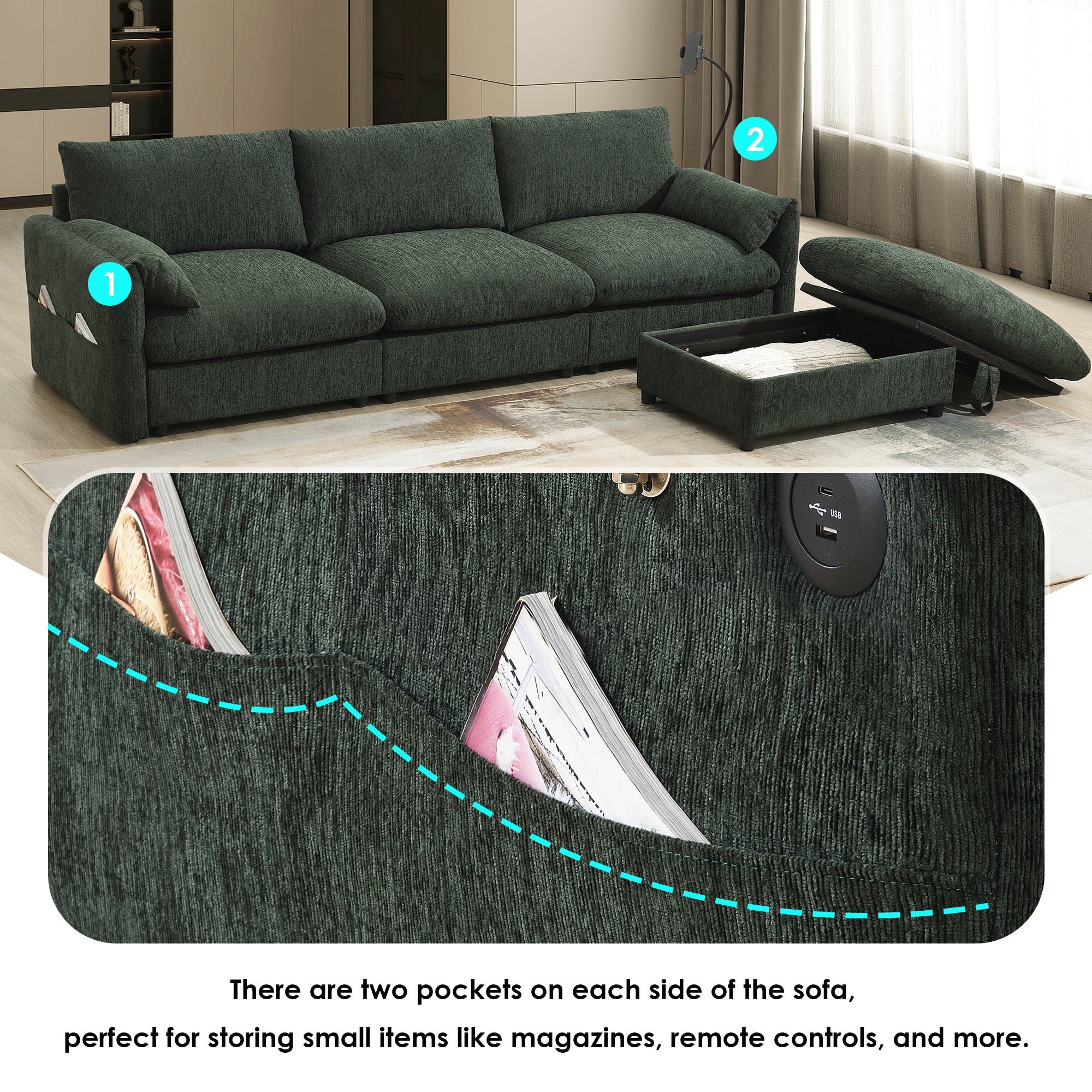 96.5'' Chenille Sectional Sofa with Storage Ottoman and Pockets,Adjustable Phone Holder,Wide Seat,4 Seat L Shaped Couch Set,Comfy Sofa with USB Charger for Living Room,Apartment,3 Colors