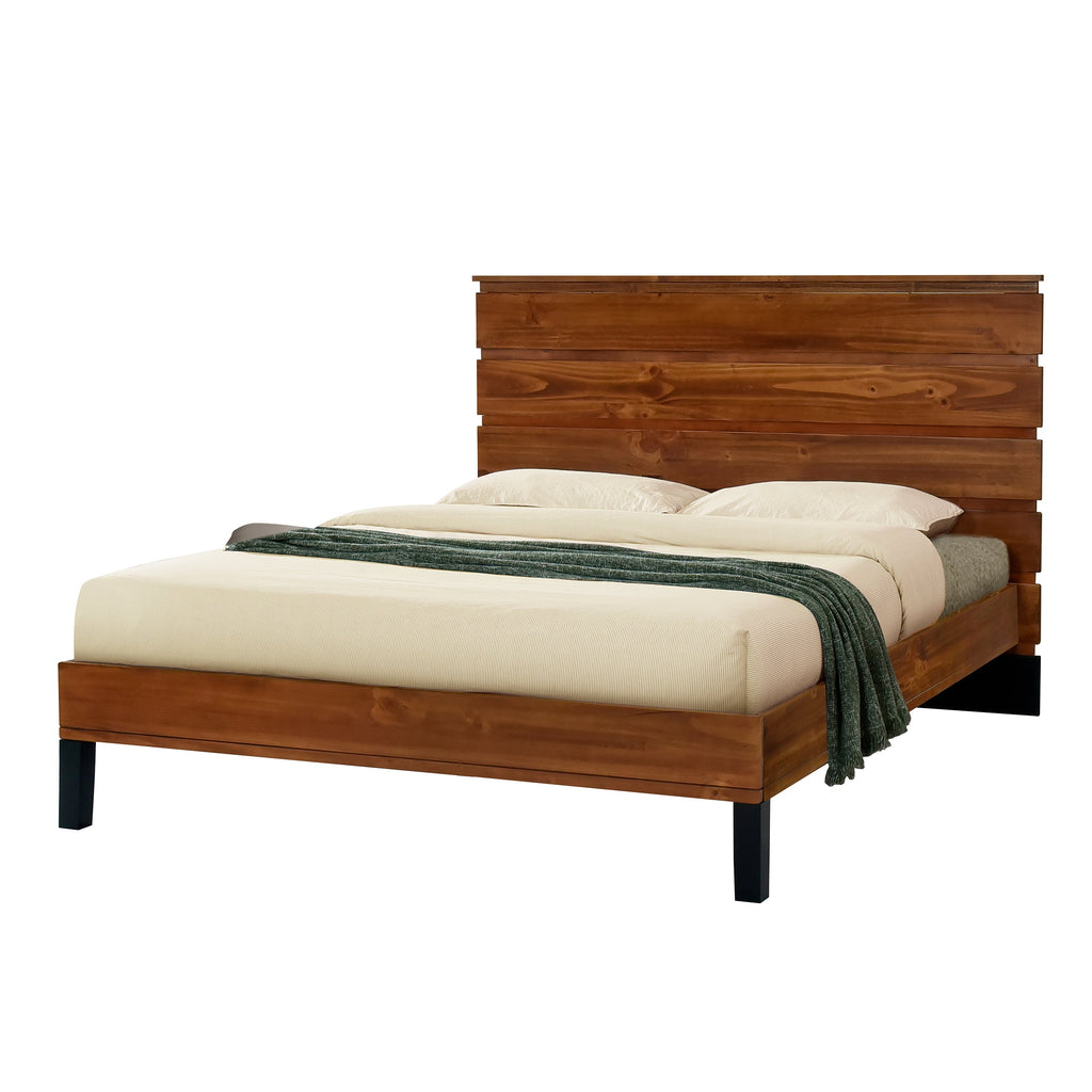 Mid-Century Modern Solid Wood Bed Frame Full Size Platform Bed with Six-Piece Headboard Design, No Box Spring Needed, Brown
