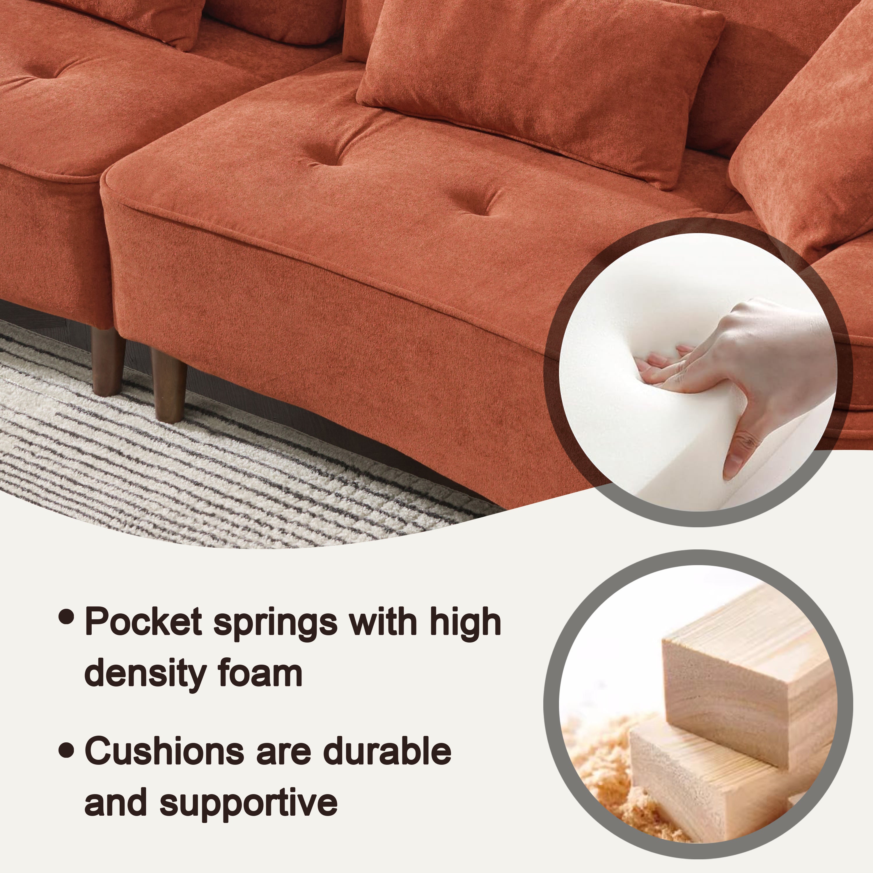 Comfortable Deep Seated Sofa with Pillows for Bedroom, Living Room, Office in Brick Red Velvet