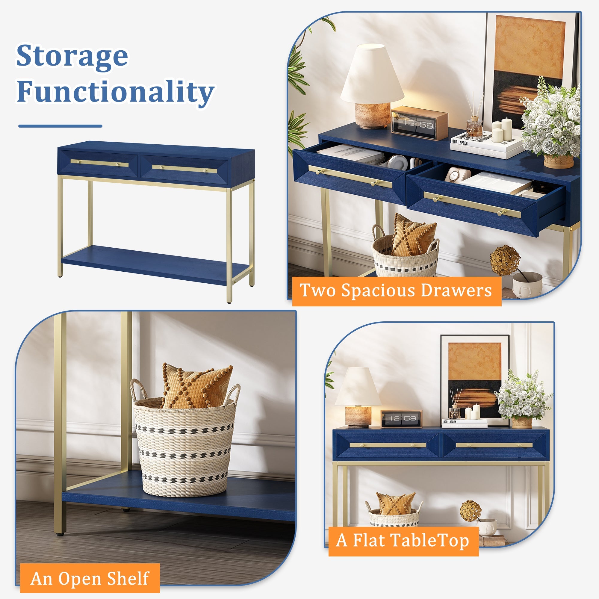 TREXM Entryway Table, Console Table with Two Drawers, Retro Hallway Table with Striking Geometric Design for Entryway and Living Room (Navy)