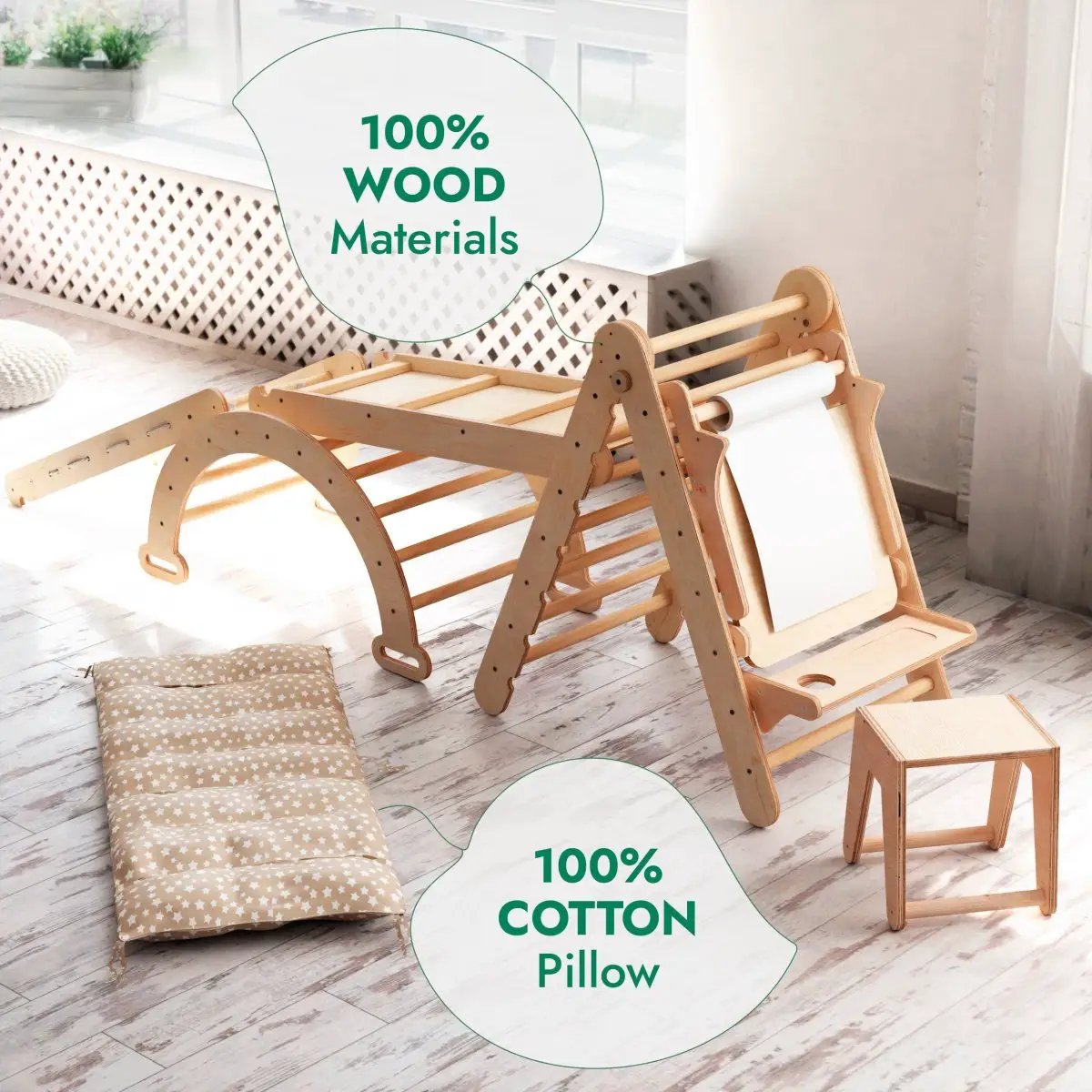 6in1 Montessori climbing set by Goodevas in natural wood with ladder, arch rocker, slide, net, cushion and art paper
