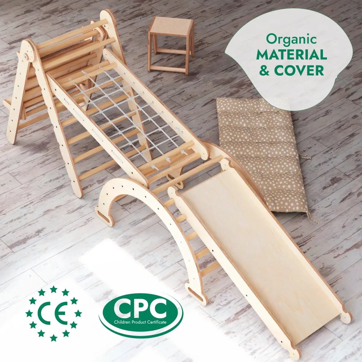 6in1 Montessori climbing set in natural wood with slide, rope net, ladder, arch rocker, star-pattern cushion