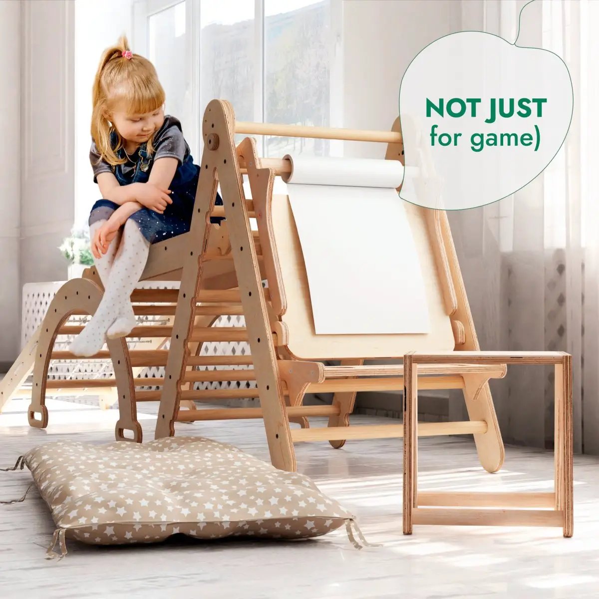 6in1 Montessori climbing set in natural wood with triangle ladder and slide