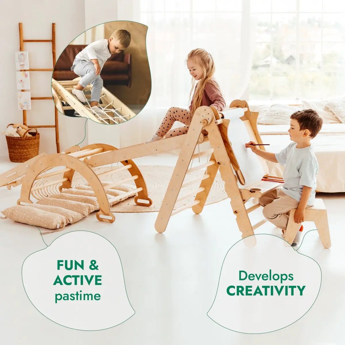 6in1 Montessori climbing set in natural wood with triangle ladder, arch rocker, slide ramp, net and cushion