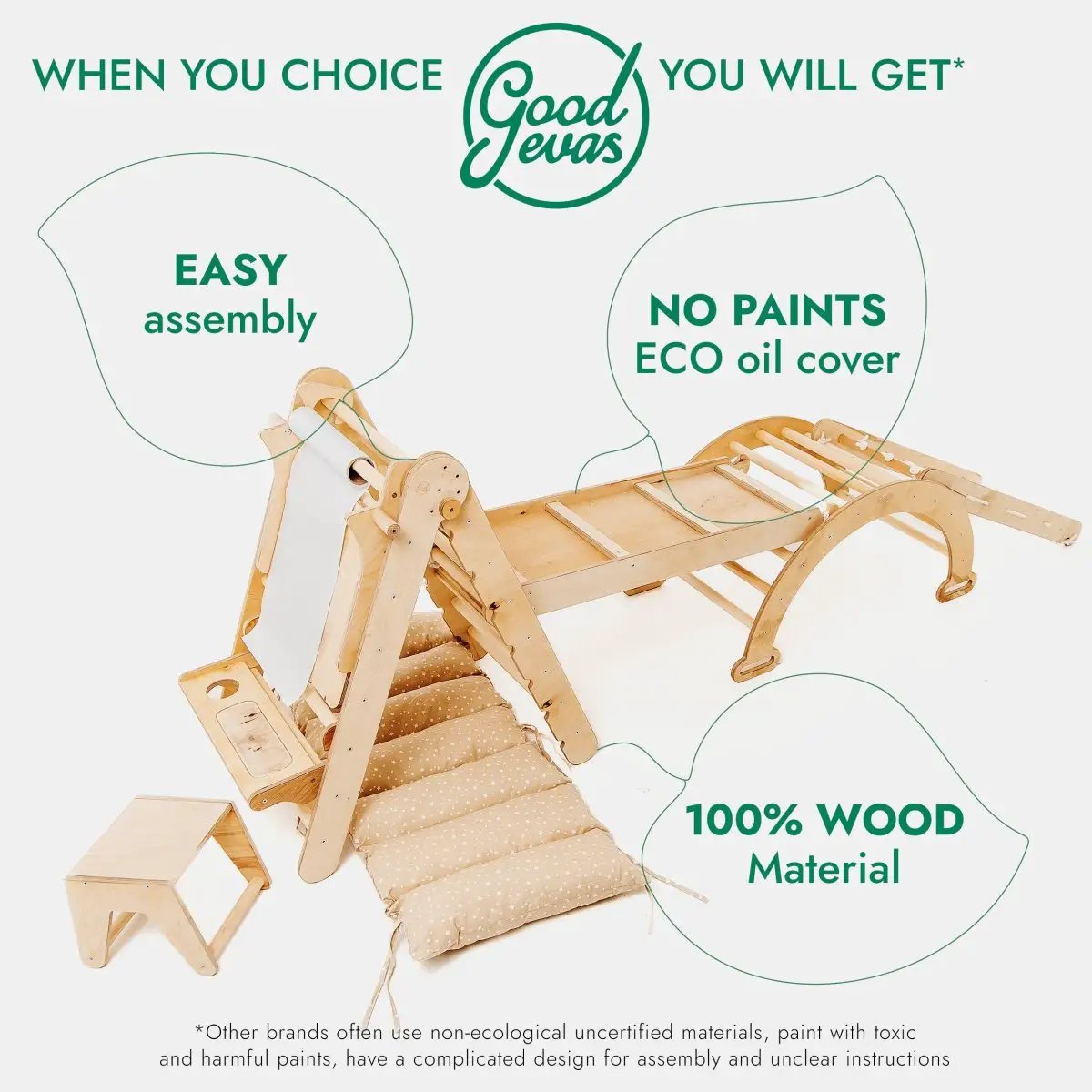 Goodevas 6in1 Montessori Climbing Set wooden playset with ladder, arch rocker, slide and net; natural wood