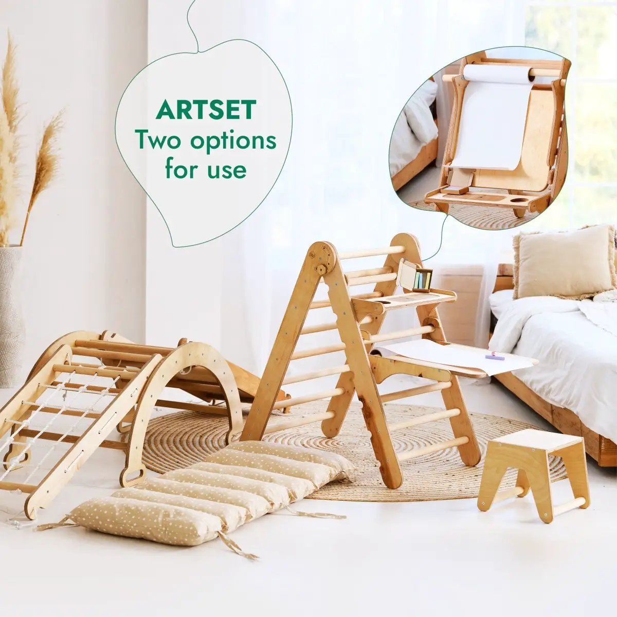 Goodevas 6in1 Montessori climbing set; wooden playset with ladder, slide, arch, net, cushion, and art area.