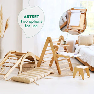 Goodevas 6in1 Montessori climbing set; wooden playset with ladder, slide, arch, net, cushion, and art area.