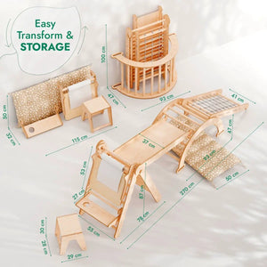 Goodevas 6in1 Montessori Climbing Set in natural wood; baby activity playset with ladder, arch, slide, net and cushion