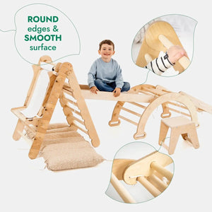 6in1 Montessori climbing set by Goodevas in natural wood with rounded edges; toddler on a bridge with slide and ladder.