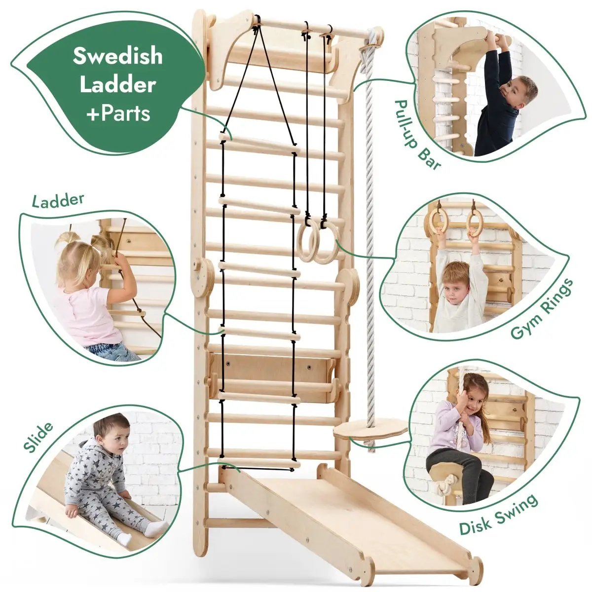 Goodevas 6in1 wooden Swedish wall for children with pull-up bar, gym rings, rope, disc swing and slide