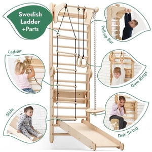 Goodevas 6in1 wooden Swedish wall for children with pull-up bar, gym rings, rope, disc swing and slide