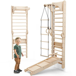 6-in-1 wooden Swedish wall climbing ladder for kids Goodevas with rope ladder gym rings and incline ramp