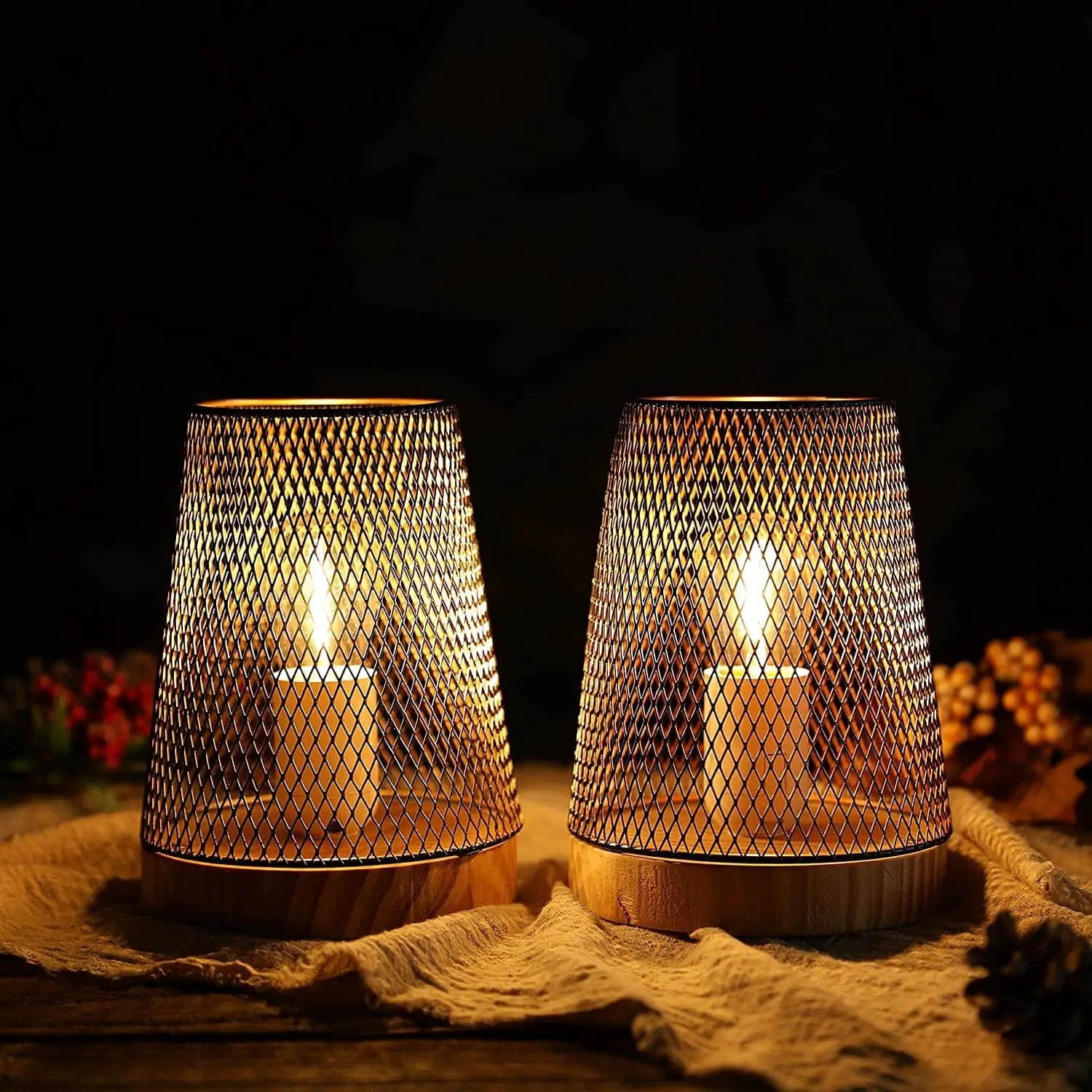 7.5in battery-powered metal mesh table lamps with wooden bases, set of 2, by JHY DESIGN, warm amber light