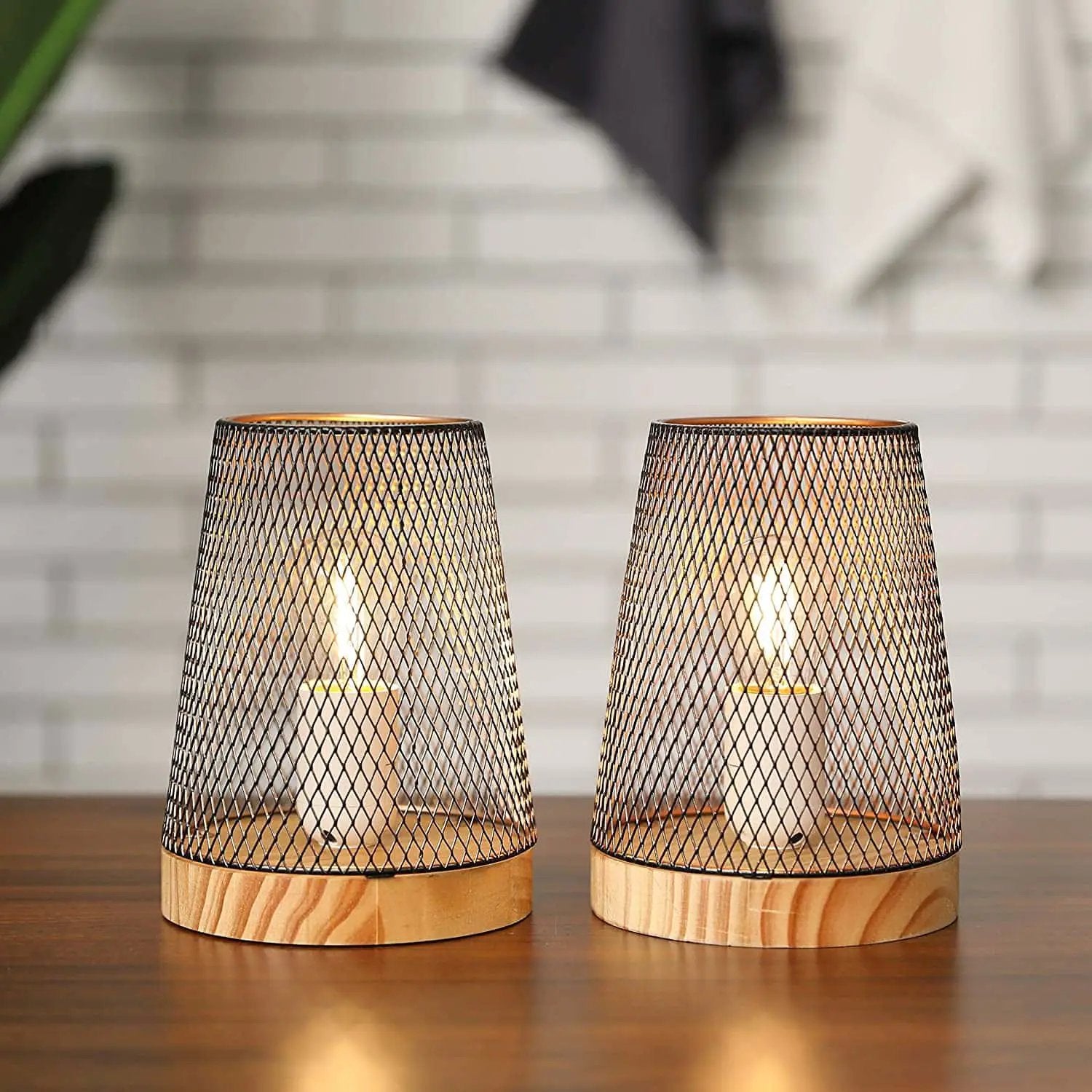 JHY DESIGN battery-powered metal mesh table lamp set of 2 with warm glow and wooden bases