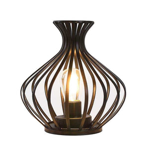 7.5-inch high table lamp with bronze curved metal cage and exposed LED bulb.