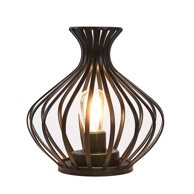7.5-inch high table lamp with bronze curved metal cage and exposed LED bulb.