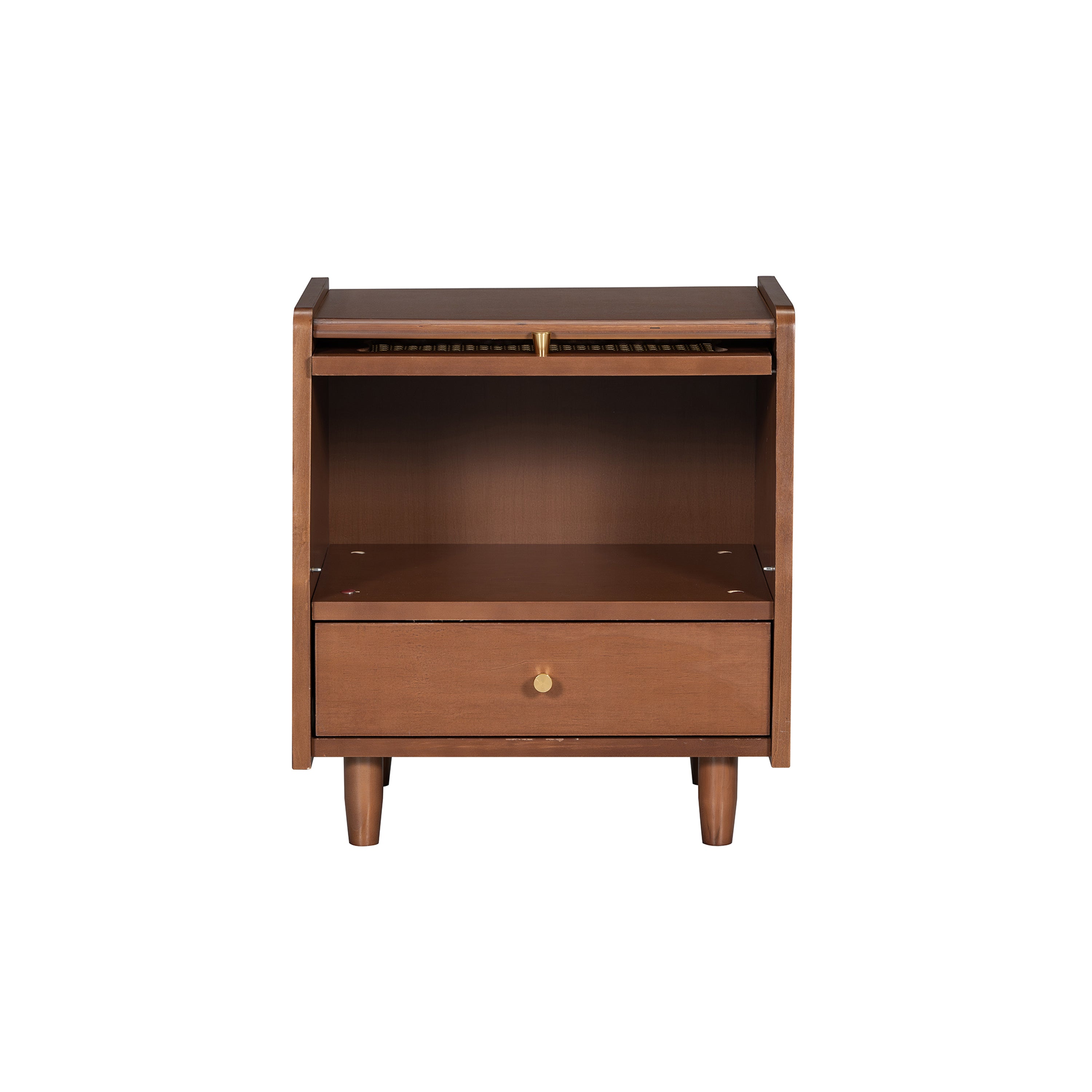 Wooden Nightstand with Rattan-Woven Storage Cabinet and 1 Drawer, Exquisite Elegance with Natural Storage Solutions for Bedroom, Walnut