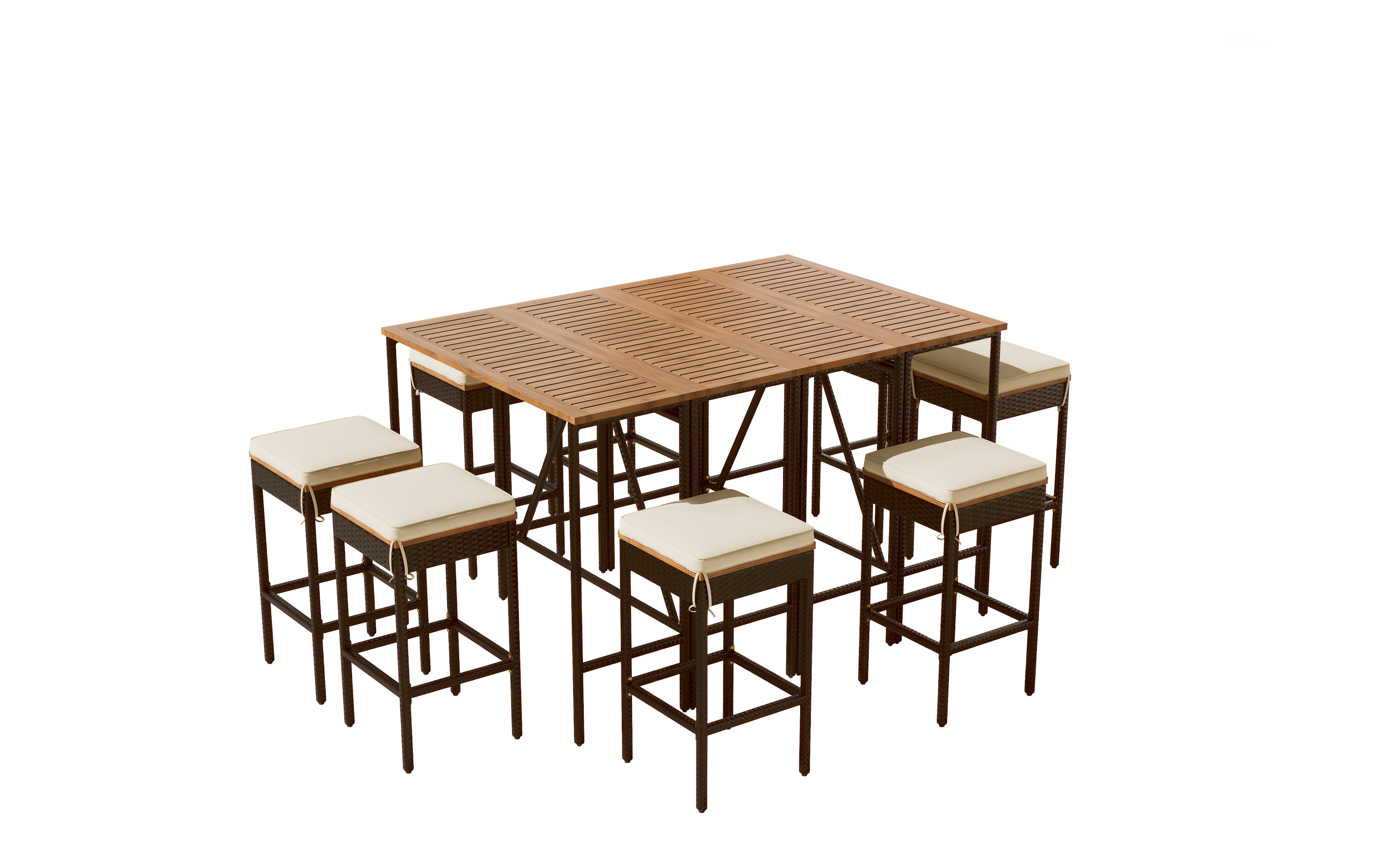 GO 10-Piece Outdoor Acacia Wood Bar Height Table And Eight Stools With Cushions, Garden PE Rattan Wicker Dining Table, Foldable Tabletop, High-Dining Bistro Set, All-Weather Patio Furniture, Brown