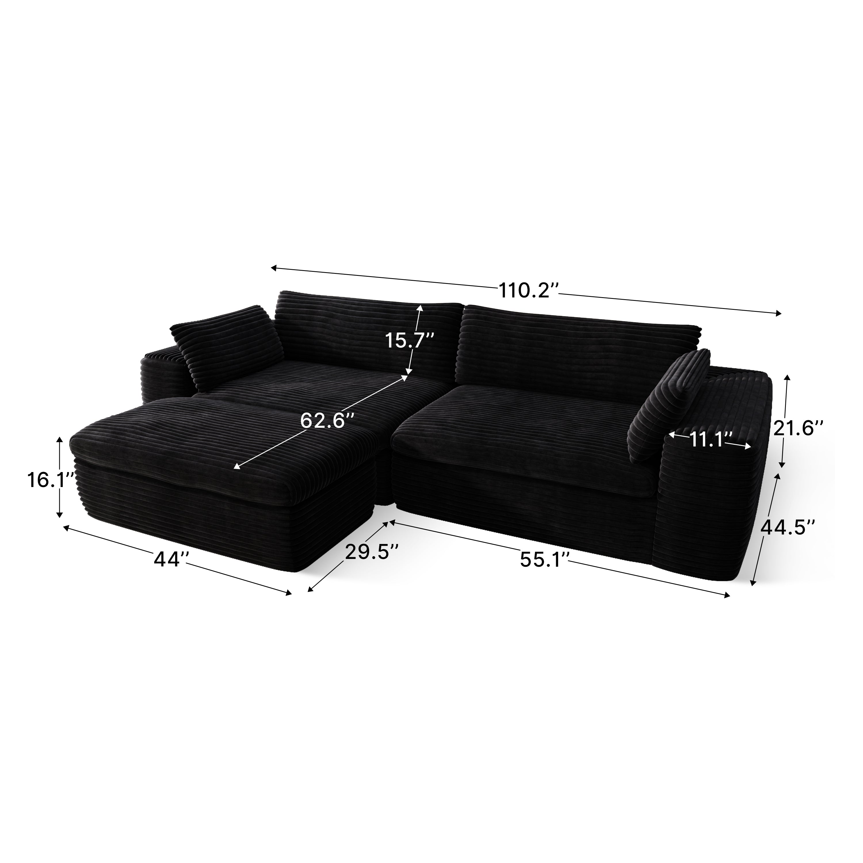 Cloud Sectional Couch with L-Shape Chaise,Modern Modular Sofa with Deep Seat, Upholstered Couches for Living Room Bedroom,No Assembly Required, Black (Corduroy Fabric)