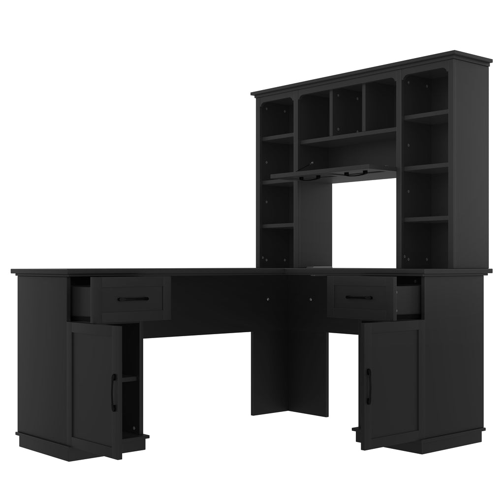 L-shaped computer desk with 2 cabinets and 2 drawers underneath the table, 11 open shelves and a flip-up shelf with storage on the right side, suitable for study, living room and office, Black