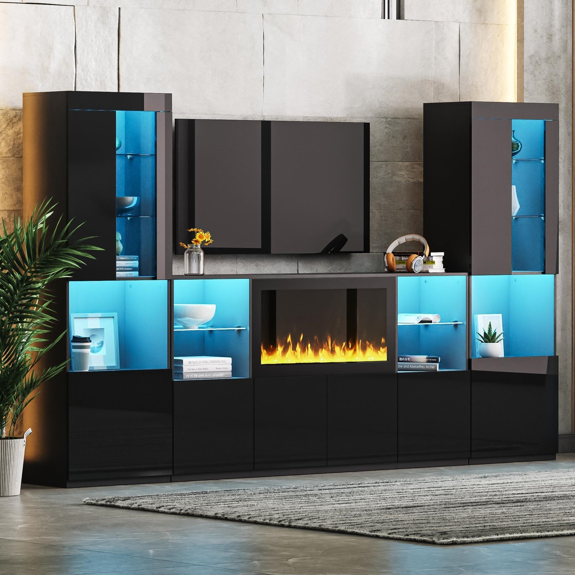 ON-TREND Modern TV Stand with 34.2' Non-heating Electric Fireplace, High Gloss Entertainment Center with LED Lights, Media Console with Tempered Glass Shelves for TVs up to 75', Black