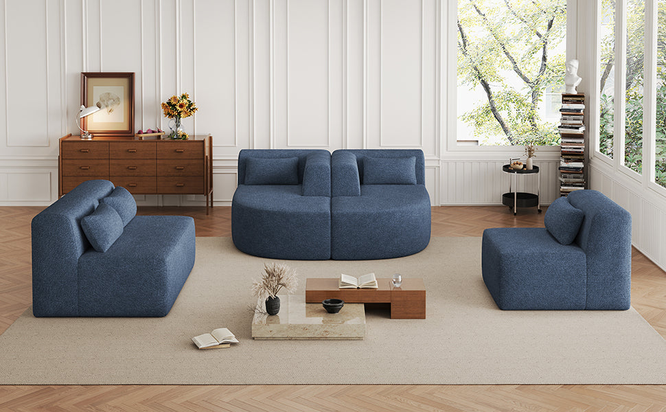 144' Upholstered Sofa Free-combined Sofa Couch with Two Chaise Lounge and Five Back Pillows for Living Room, Blue