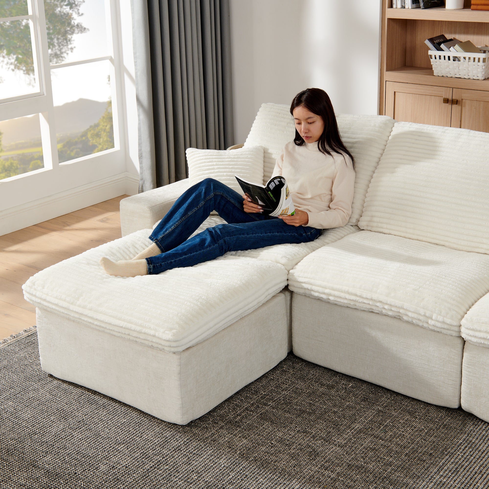 142' Cloud Sectional Couch with Comfy Chaise,U Shaped Modern Modular Sofa with Deep Seat,No Assembly Required Couch for Living Room Lounge,Beige