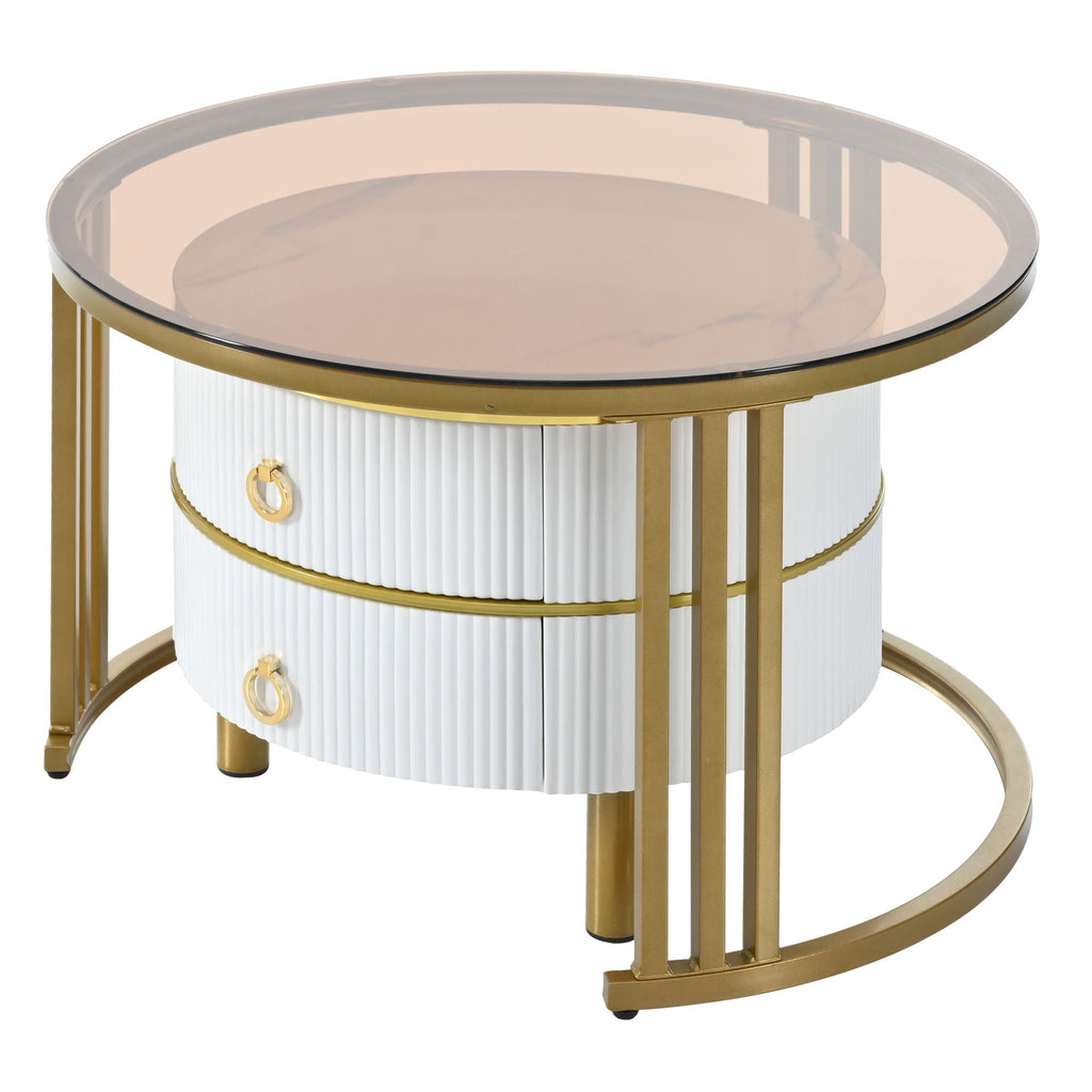ON-TREND Φ27.5'' & Φ19.6'' Stackable Coffee Table with 2 Drawers, Nesting Tables with Brown Tempered Glass and High Gloss Marble Tabletop, Set of 2, Round Center Table for Living Room, White