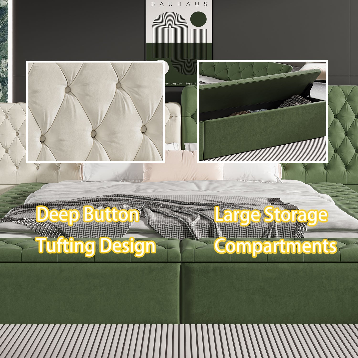 Contemporary Special-shaped Fully Upholstered Bed with Deep Button Tufting and Storage Compartments in Rails and Footboard,No Box Spring Needed,King,Green
