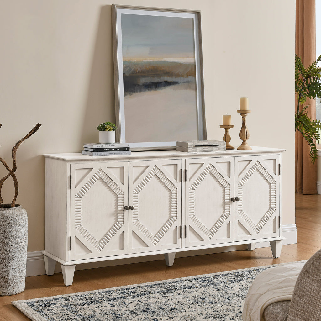 65.2' Mid Century Modern Sideboard Buffet Cabinet with Storage, Symmetrical Geometric Accent Coffee Bar Wine Bar Storage Cabinet, Large Console Table for Living Room/Entryway/Kitchen, Antique White