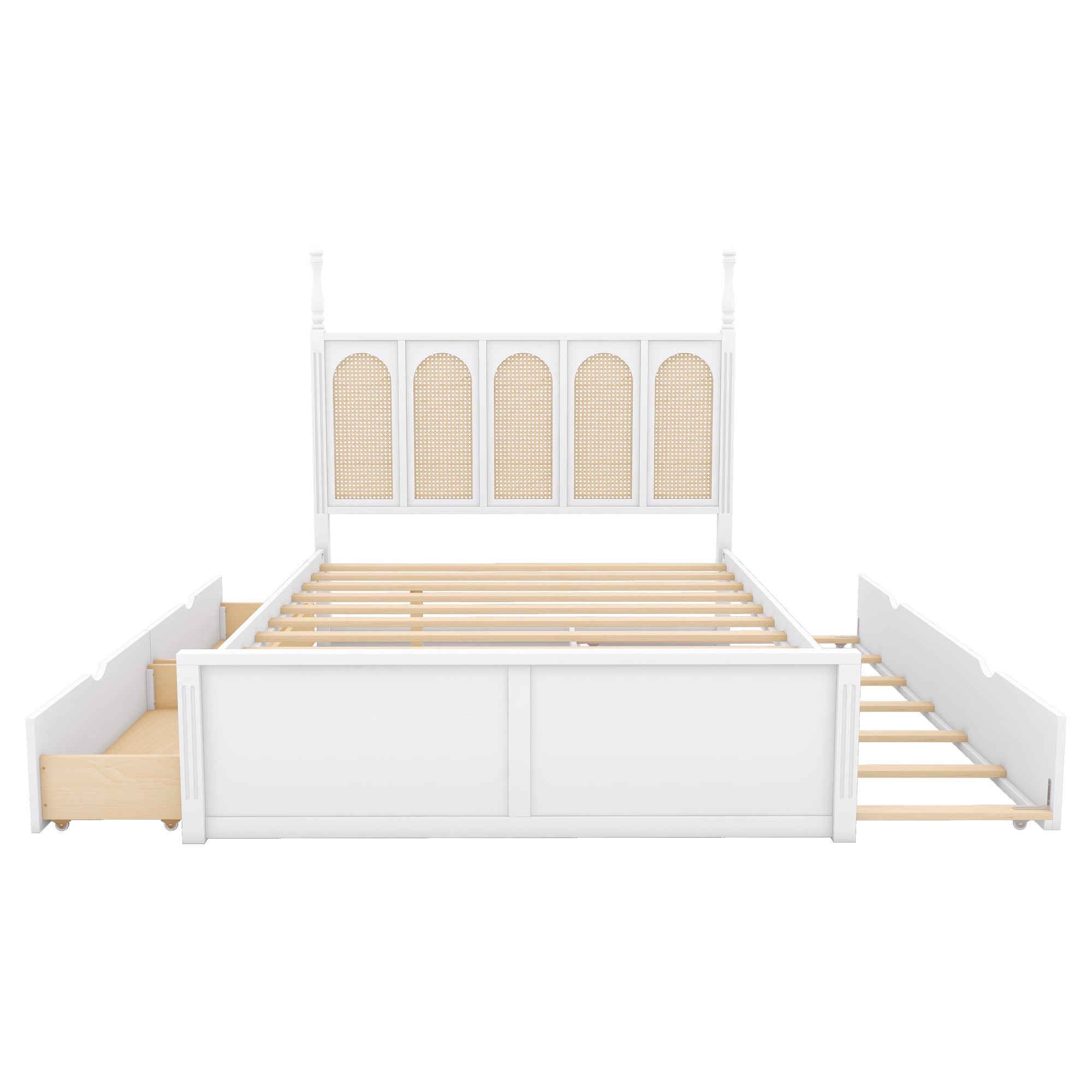 Queen Size Rattan Platform Bed With with 2 Big Drawers, T Size Trundle, White