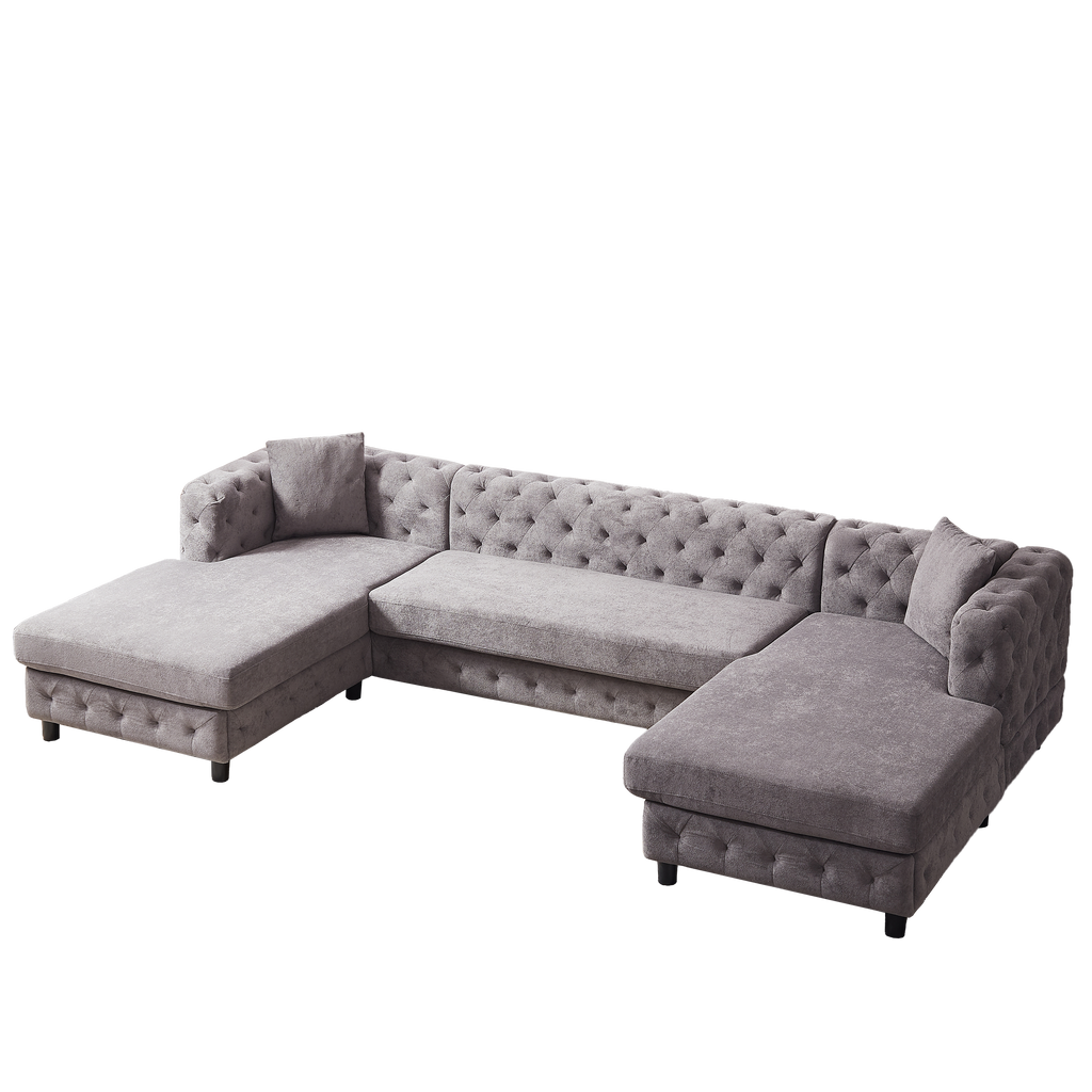 126-inch Modern Style Chenille Three Piece Sofa, Pull Point Design U-shaped Sofa two Chaise Longue Seats, two Pillows and Plastic Feet, Suitable for Living room, Bedroom, Lounge and Projection Room