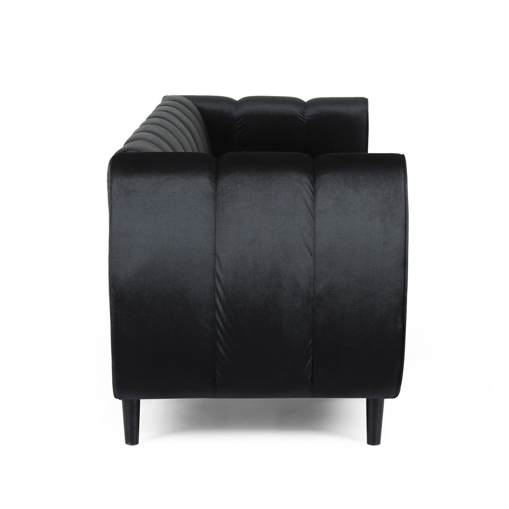 Miranda Modern Glam Velvet 3-Seater Sofa in Black with Birch Wood Legs