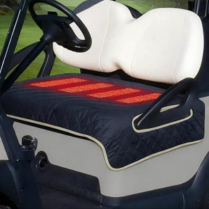 LITEGUEST USB Heated Golf Cart Seat Cushion with a dark blue quilted cover, beige trim, and red heat panels.