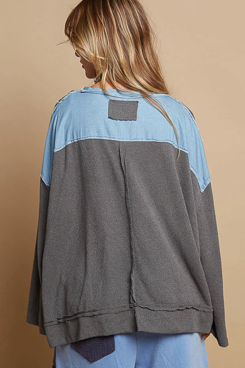 POL Exposed Seam Relaxed Fit Sweater with Star Denim Patch