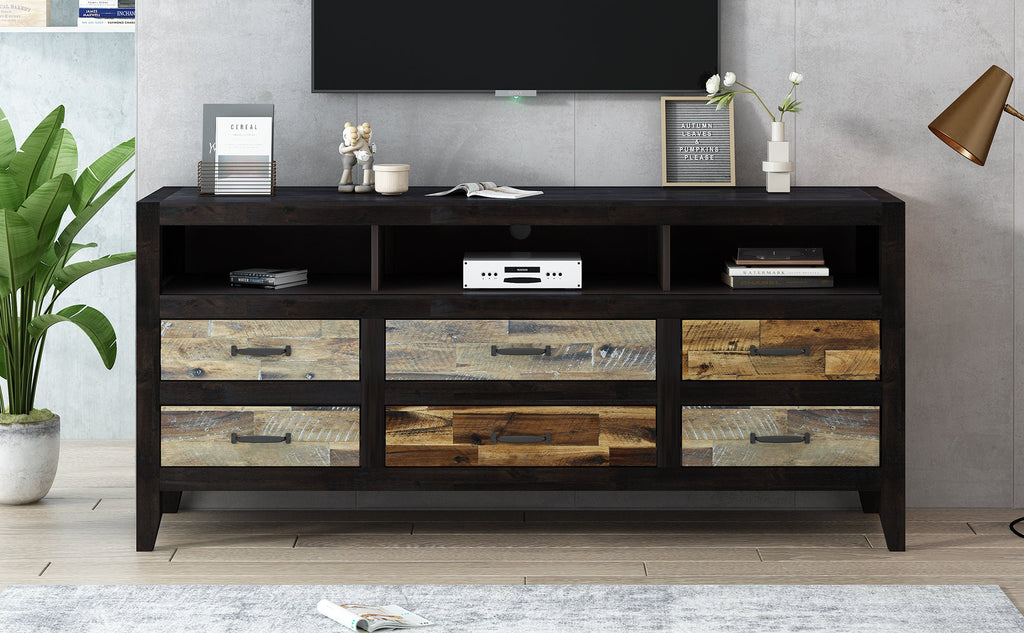 U-Can Retro Distressed Wooden TV Stand for TVs up to 65 Inches, Entertainment Center Media Console with 6 Drawers and 3 Shelves for Living room, Black