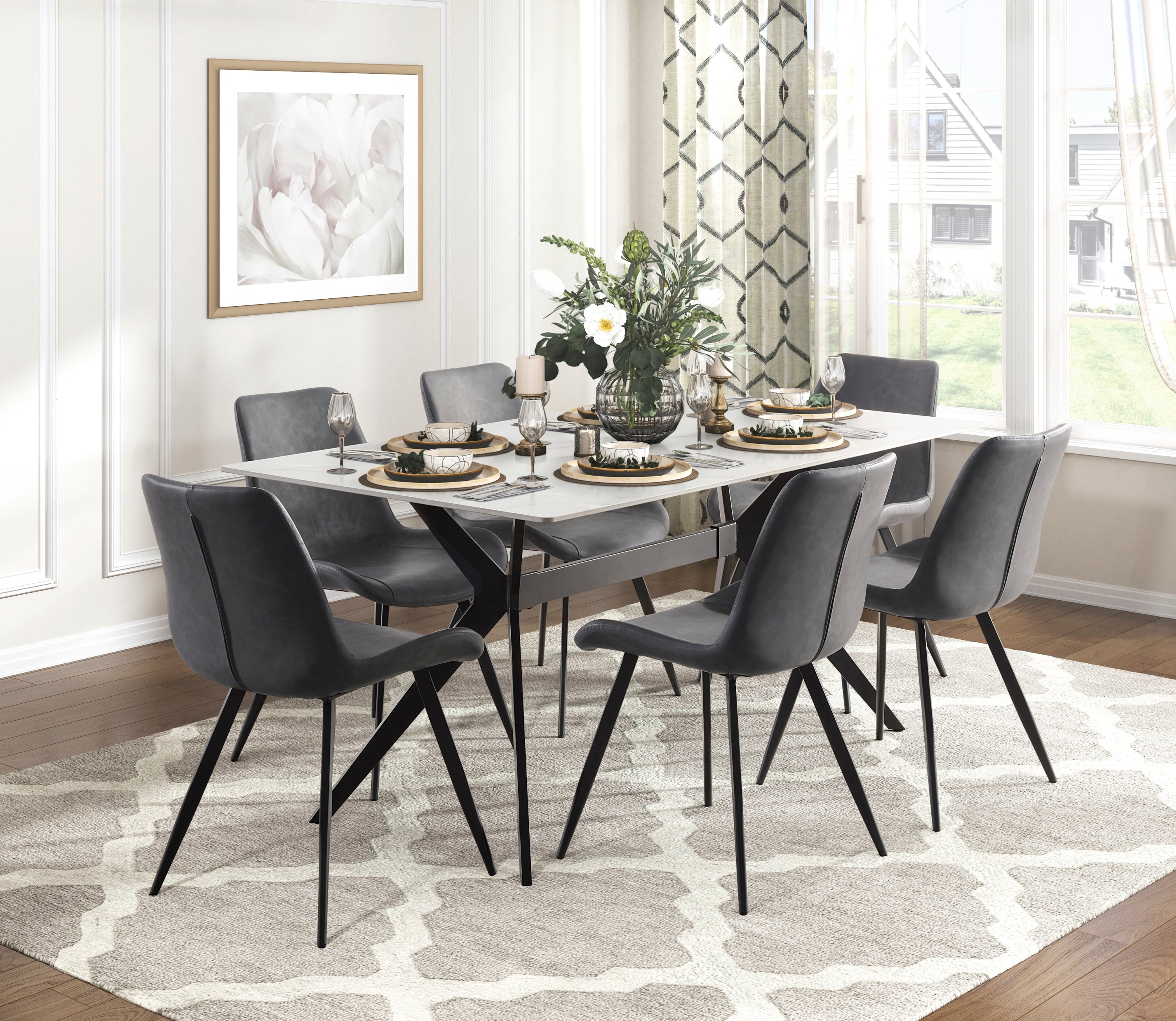 Modern Contemporary Dining Table 1pc Sintered Stone Tabletop Marble-Look Black Metal Legs Kitchen Dining Furniture