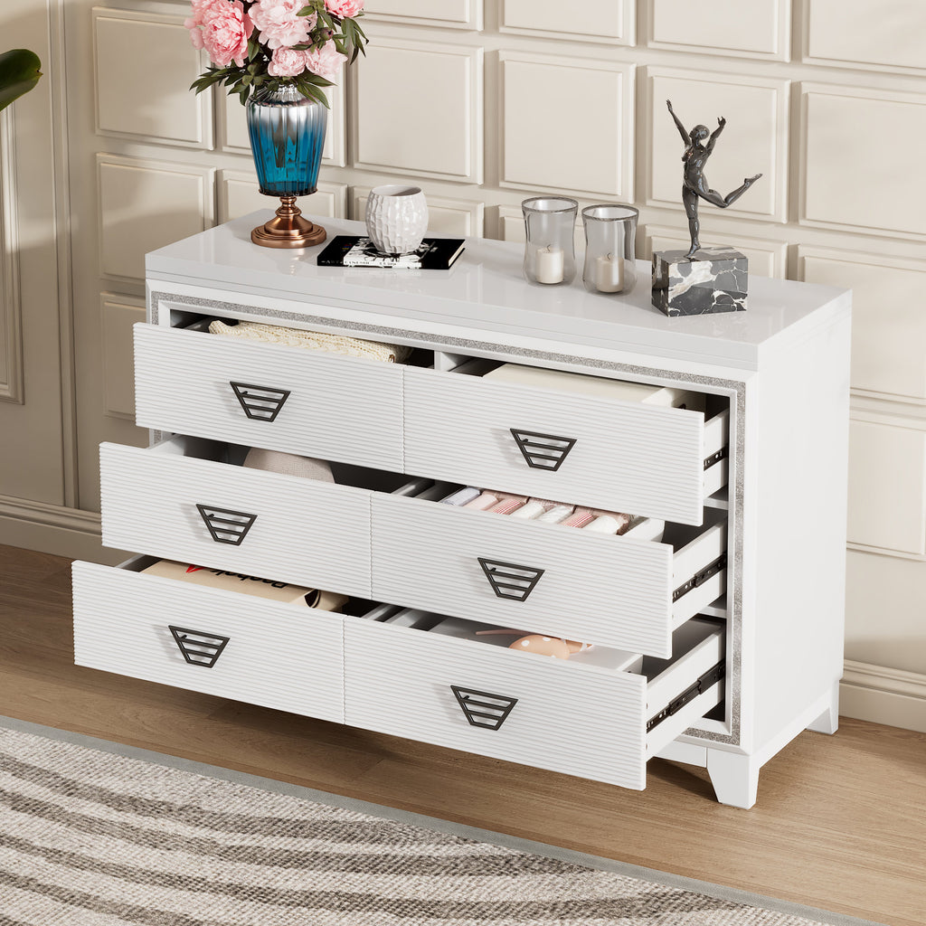 Elegant Dresser with Metal Handle and Sparkling Shiny Decoration, Storage Cabinet with 6 Drawers for Bedroom, Living Room, White
