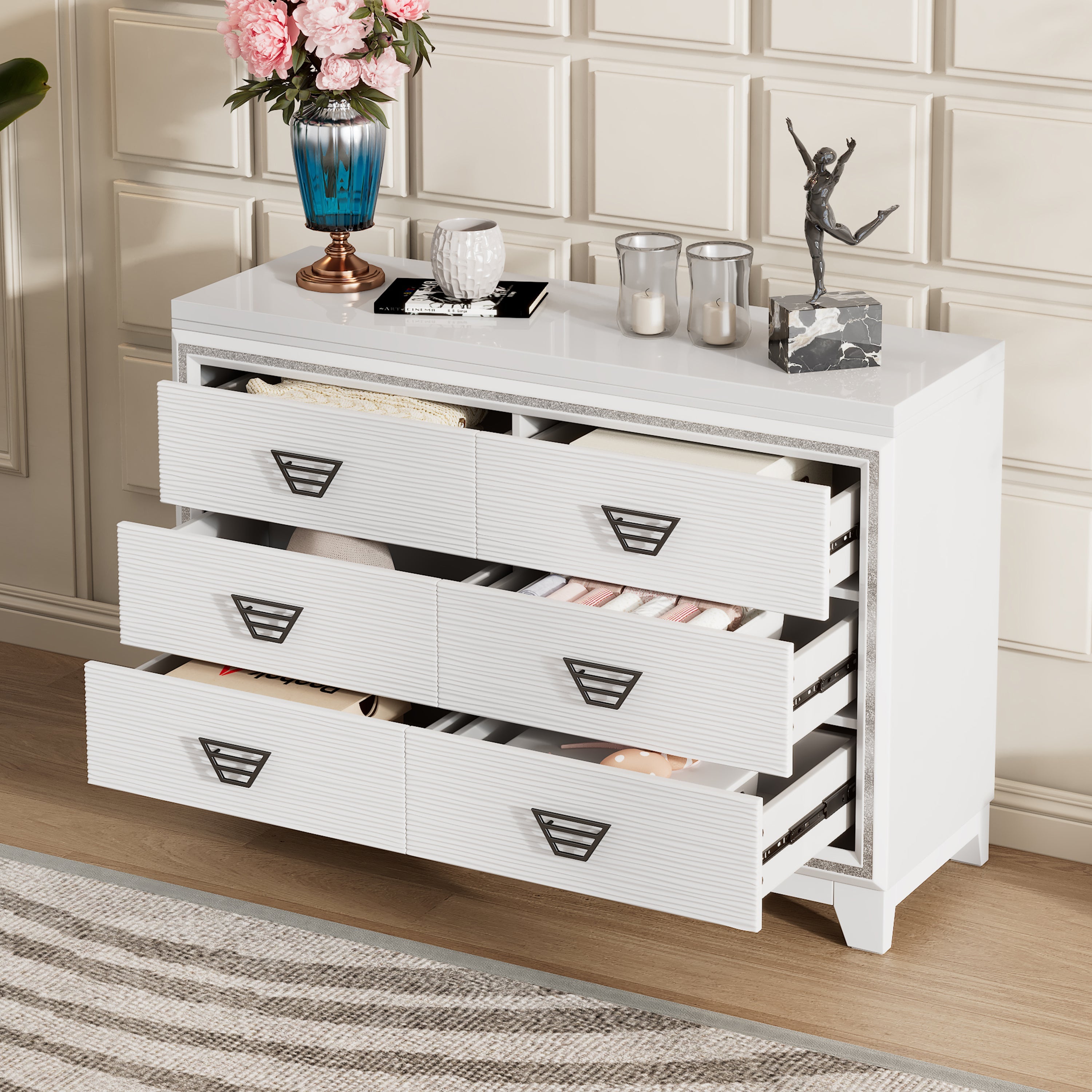 Elegant Dresser with Metal Handle and Sparkling Shiny Decoration, Storage Cabinet with 6 Drawers for Bedroom, Living Room, White