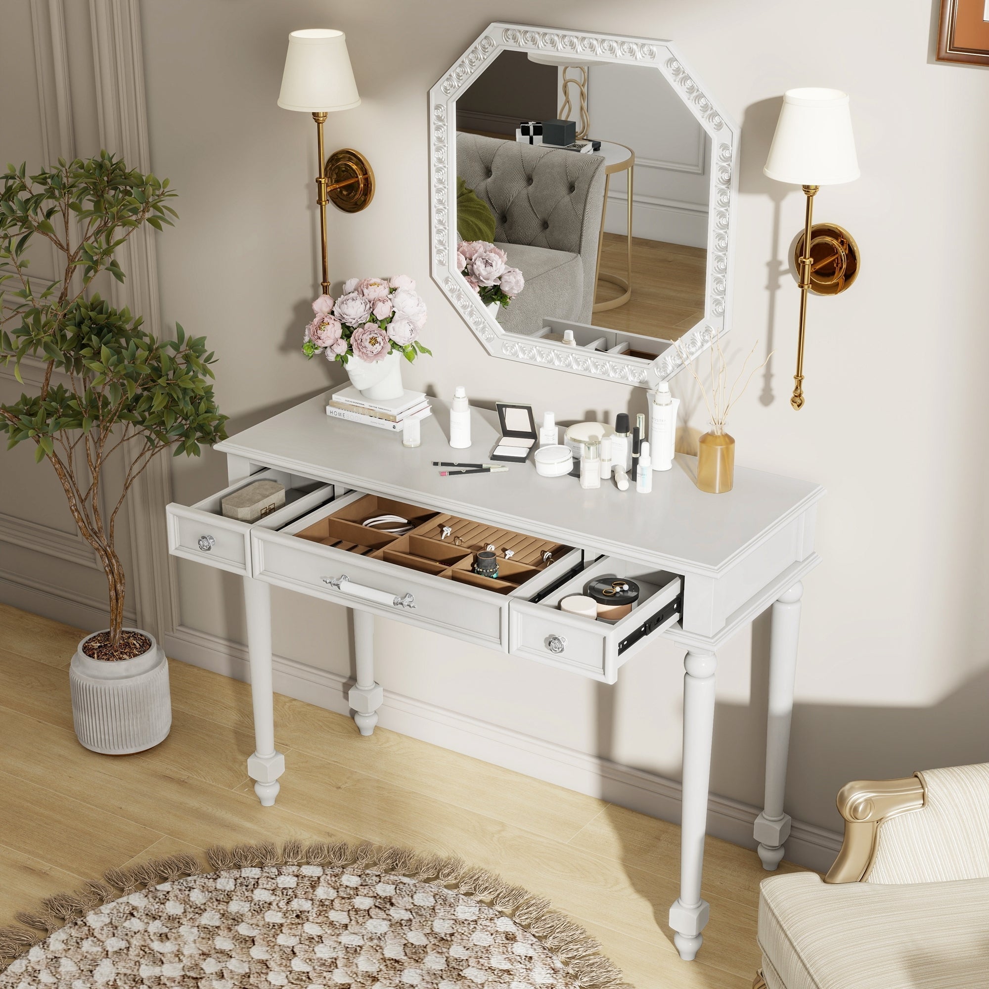 Retro Makeup Desk with Large Mirror, 3-Drawer Dressing Table for Jewelry Storage, Elegant Console Table for Bedroom, Living Room, Hallway & Foyer,White