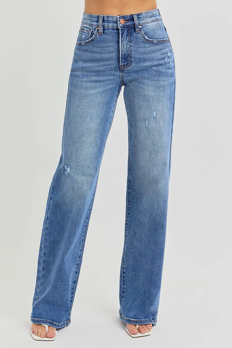 RISEN Full Size Tummy Control Elastic Band High Rise Wide Jeans Plus Size