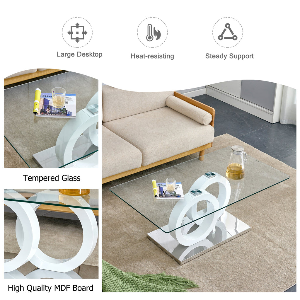 Rectangular modern and fashionable coffee table with tempered glass tabletop and white legs. Suitable for living room.47.2"*25.4"*17.9"